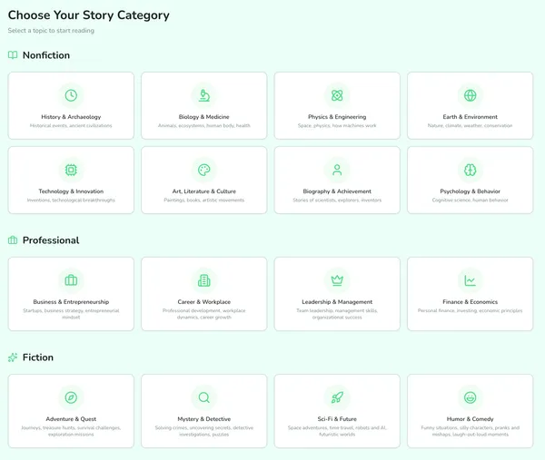 Category selection showing Nonfiction, Professional, and Fiction topics