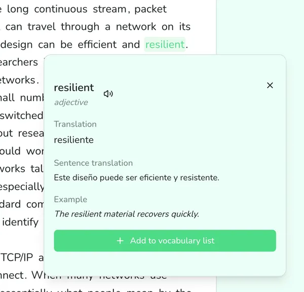 Reading view with word popup showing translation and example