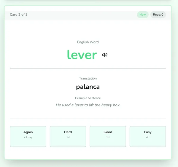 Practice flashcard with spaced repetition buttons